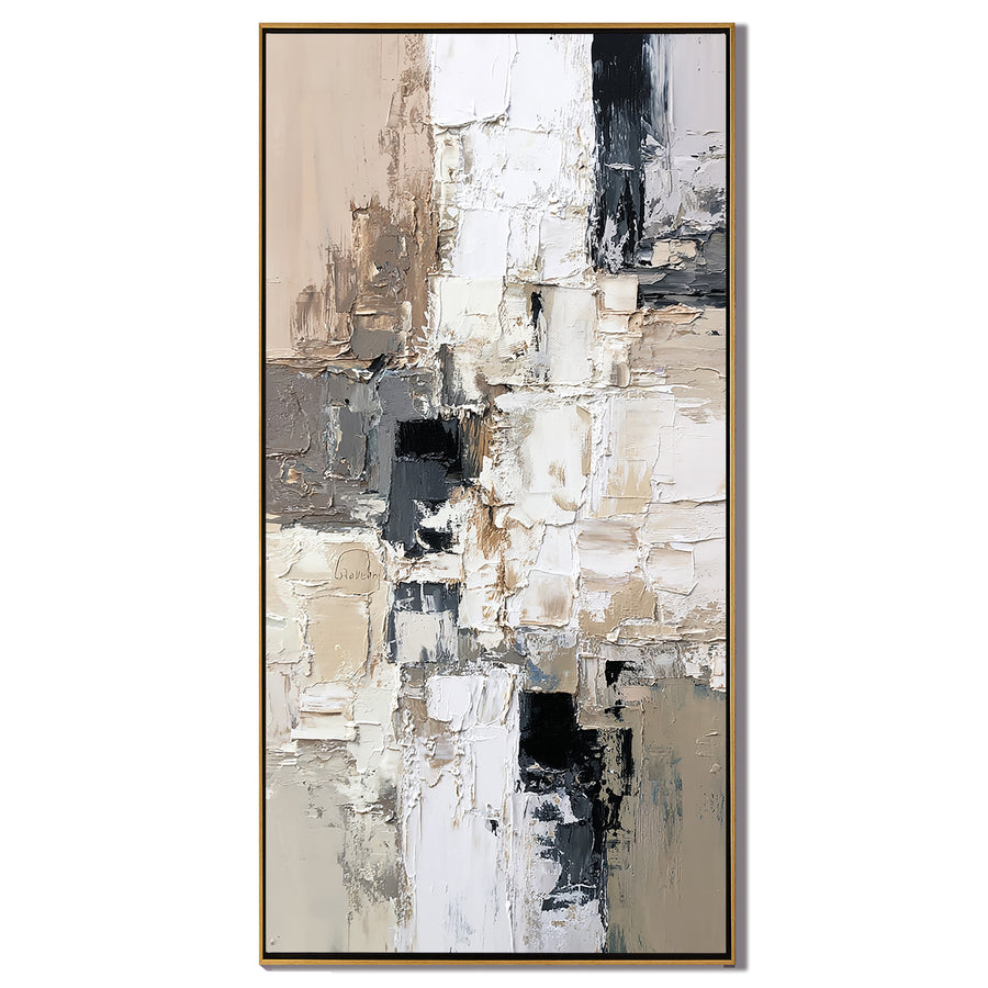 Vertical Neutral Abstract Canvas Wall Art – Textured Black White Beige Painting for Modern Home Decor#OA 0875