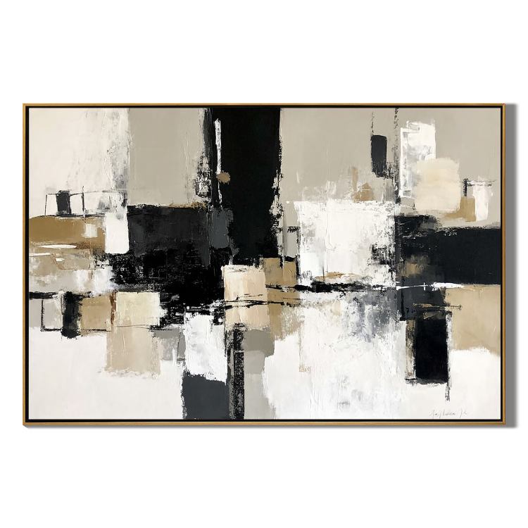 Modern Abstract Black and Beige Oil Painting | Large Neutral Wall Art for Living Room #OA 0008