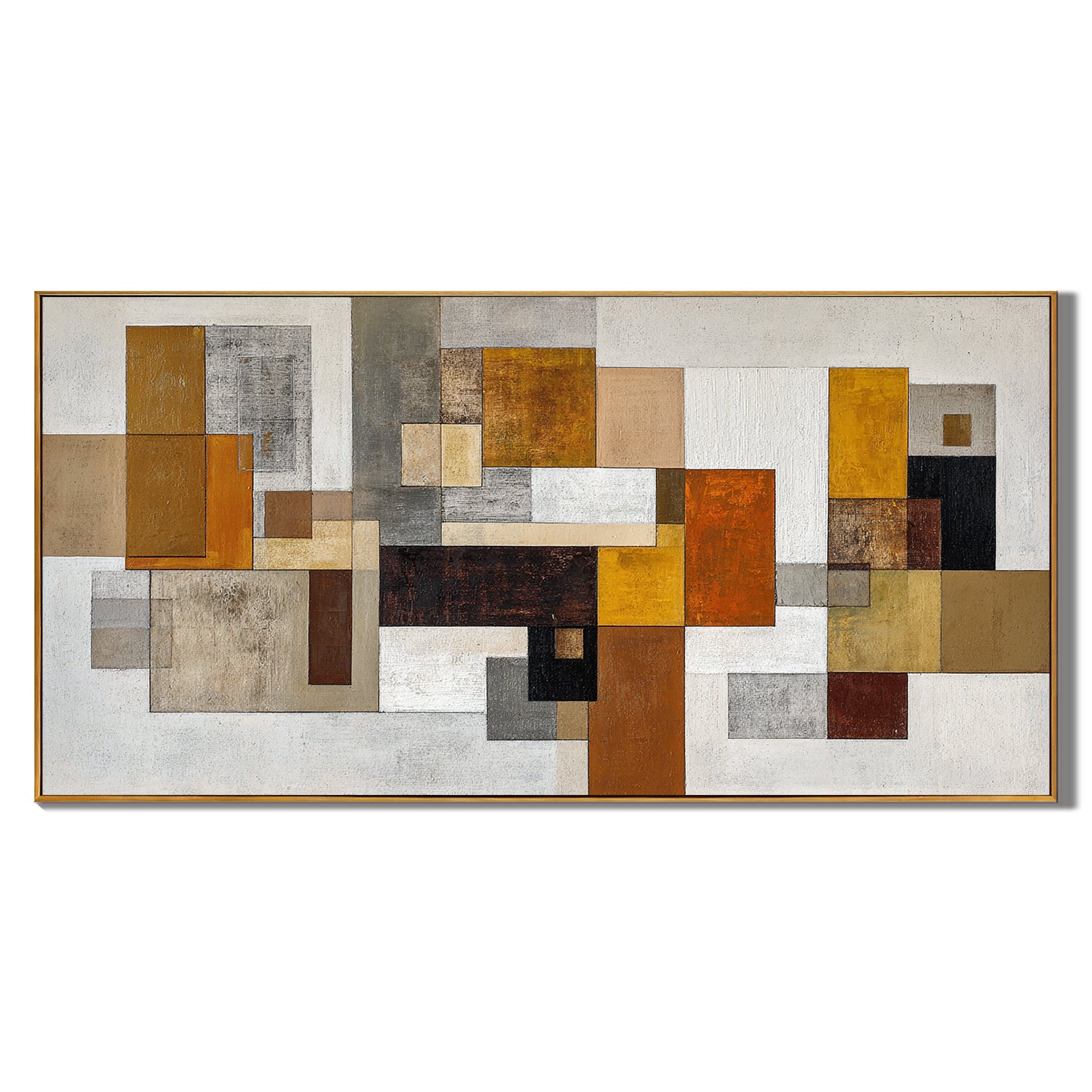 Mid Century Modern Geometric Abstract Canvas Wall Art – Large Horizontal Neutral Beige and Mustard Yellow Painting for Living Room Decor#OA 0866