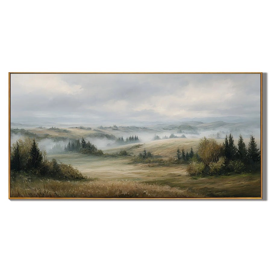Misty Countryside Landscape Painting – Panoramic Neutral Nature Wall Art#OA 0899