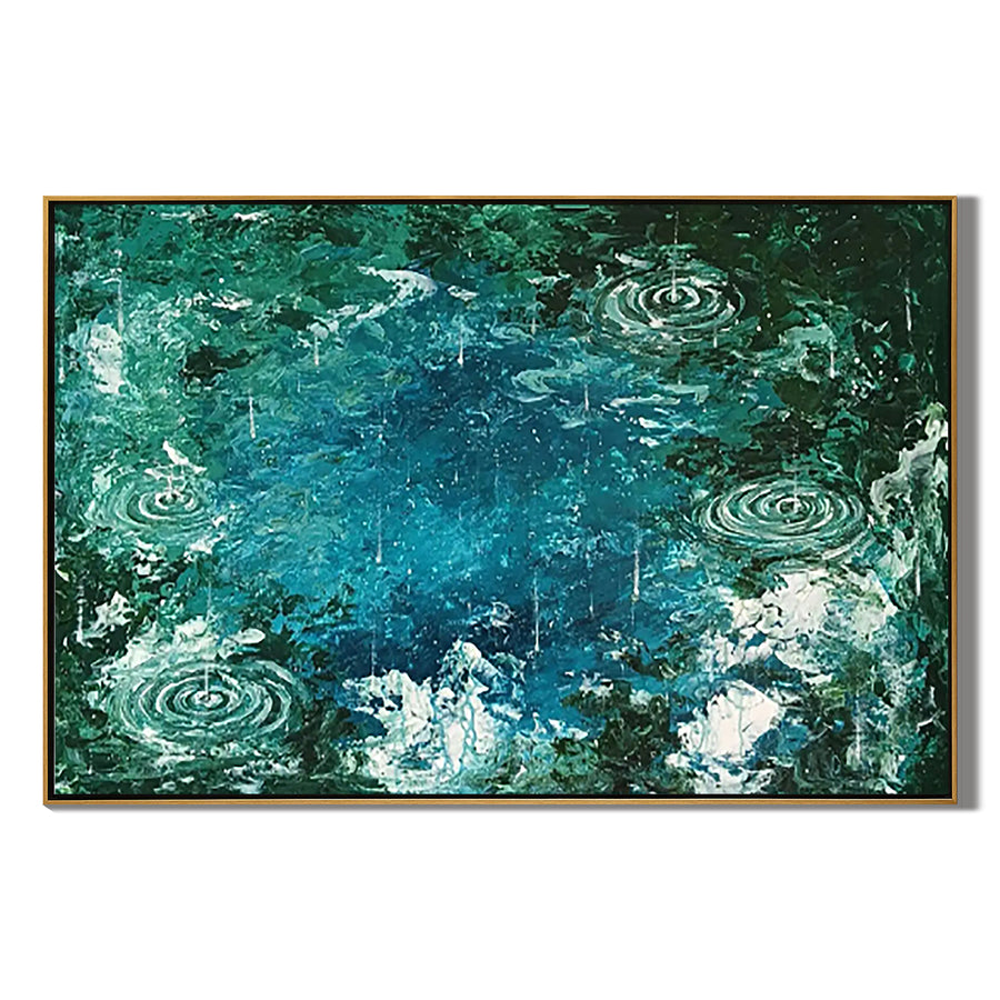 Teal Rain Ripple Oil Painting, Abstract Water Wall Art for Living Room Decor#OA 0609