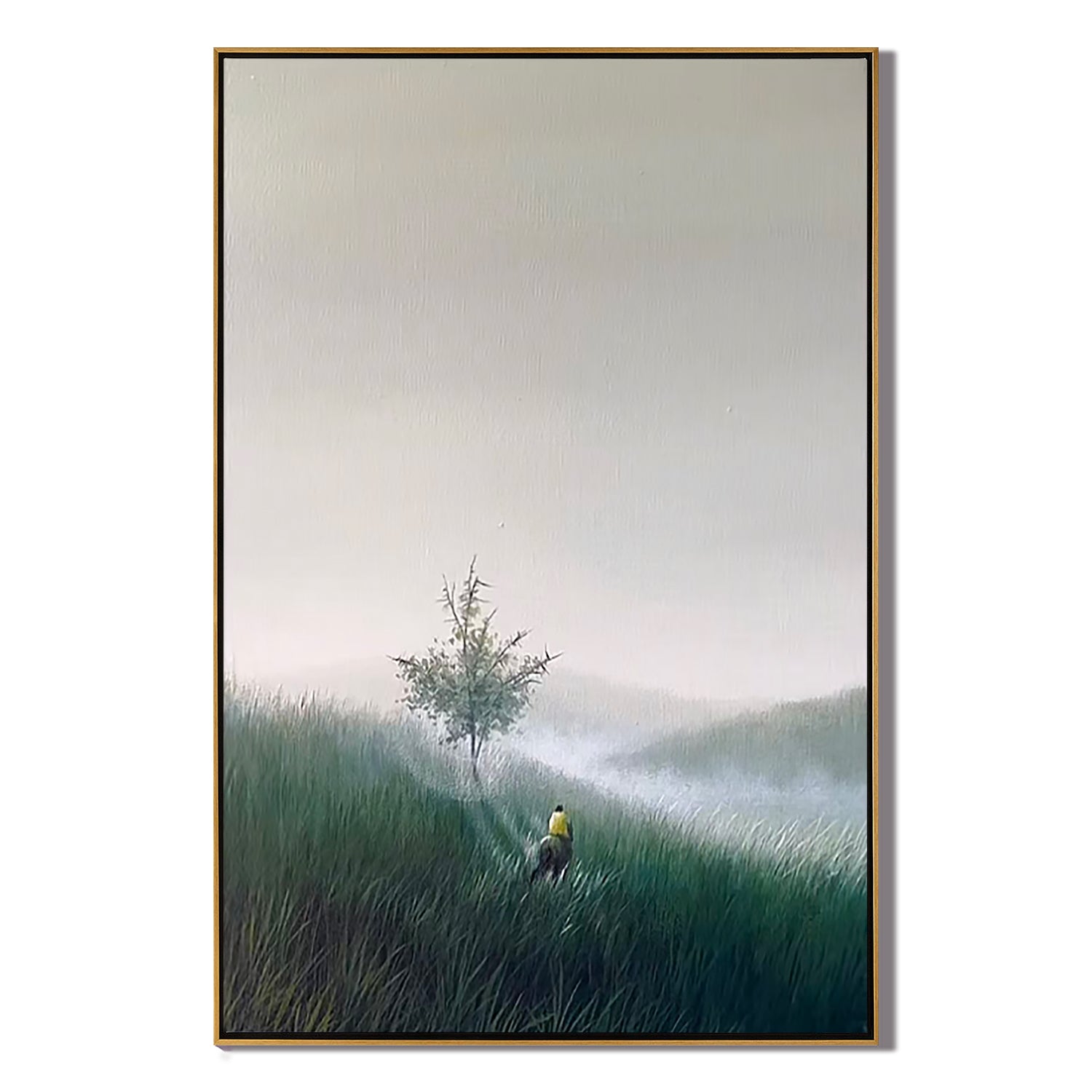 Misty Meadow Landscape Wall Art – Solitary Tree and Figure Canvas Painting for Living Room Decor #OA 0805