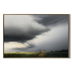 Dramatic Stormy Sky Landscape Wall Art with Glowing Tree, Moody Panoramic Field Canvas for Living Room Decor #OA 0736