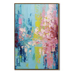 Pink and Blue Abstract Floral Oil Painting, Textured Blossom Wall Art for Living Room Decor#OA 0509
