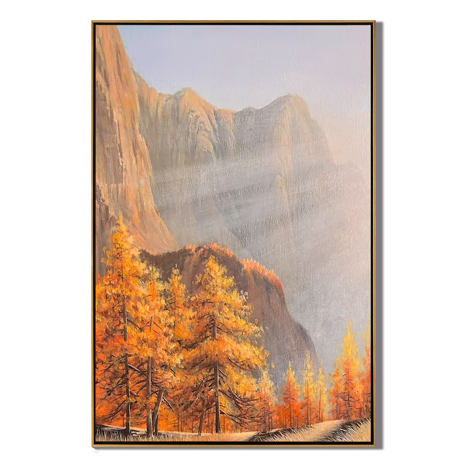 Autumn Mountain Landscape Wall Art – Misty Forest Canvas Painting with Golden Trees for Living Room Decor #OA 0814