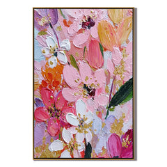 Pink Floral Oil Painting, Textured Flower Wall Art with Gold Accents for Living Room Decor#OA 0579
