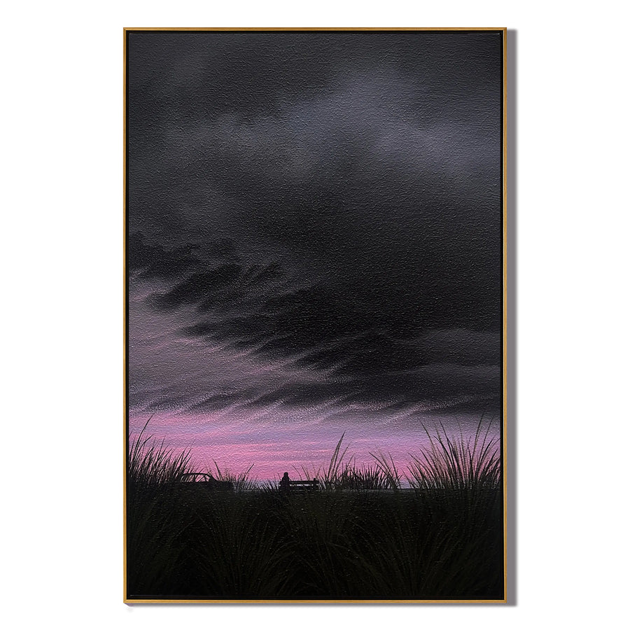 Moody Sunset Landscape Wall Art with Lone Figure on Bench, Dramatic Cloud Sky Canvas for Living Room Decor #OA 0743
