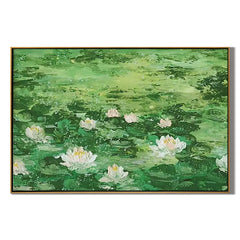 Green Lotus Pond Oil Painting, White Water Lily Wall Art for Living Room Decor#OA 0605