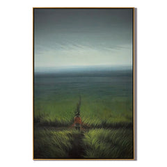 Lonely Figure Landscape Oil Painting, Misty Grassland Wall Art for Living Room Decor#OA 0623