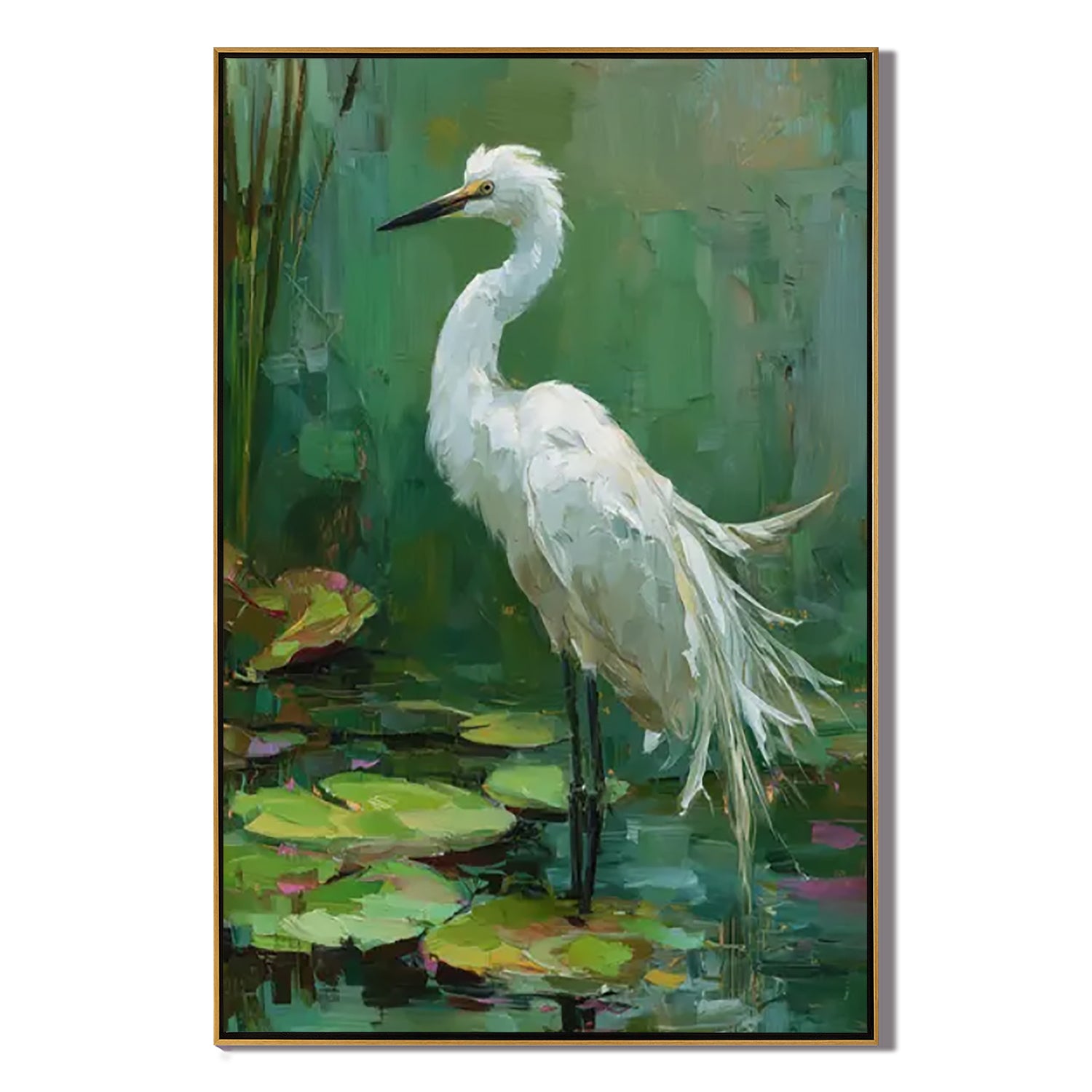 White Egret Bird Wall Art – Impressionist Nature Wildlife Canvas Painting for Living Room Decor