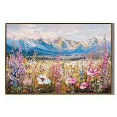Mountain Wildflower Meadow Wall Art, Textured Alpine Landscape Canvas Painting for Living Room Décor #OA 0416