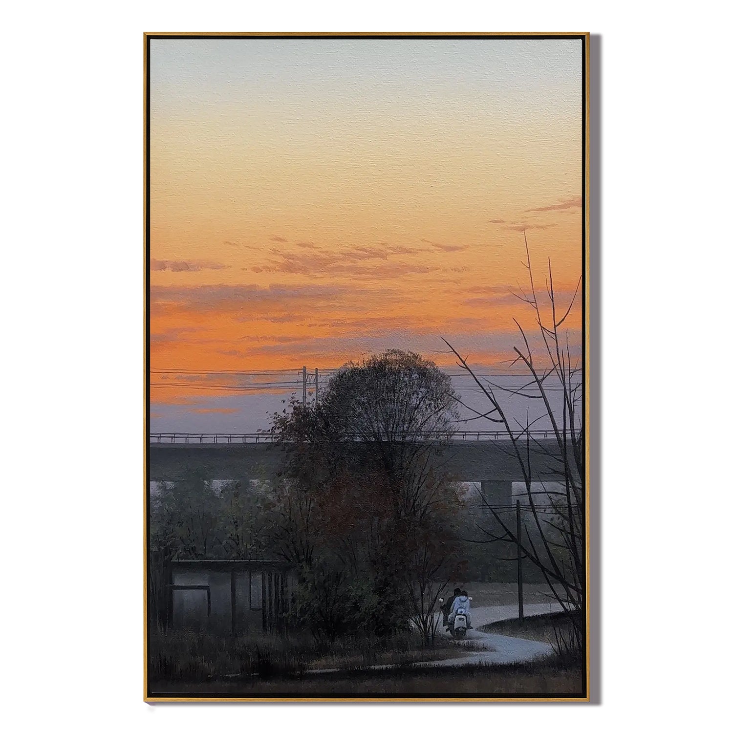 Countryside Sunset Landscape Wall Art with Bridge and Figure, Serene Nature Canvas Painting for Living Room Decor #OA 0757