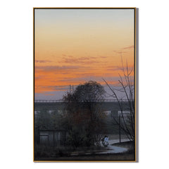 Countryside Sunset Landscape Wall Art with Bridge and Figure, Serene Nature Canvas Painting for Living Room Decor #OA 0757
