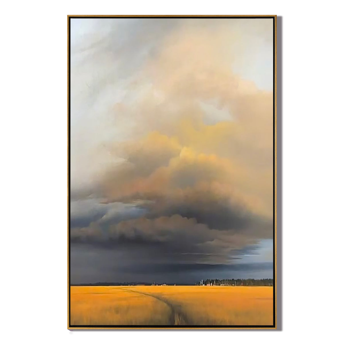 Dramatic Sky Over Golden Wheat Field Wall Art, Rustic Countryside Landscape Canvas Painting for Living Room Decor #OA 0728