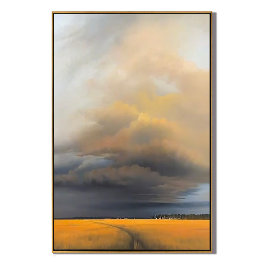 Dramatic Sky Over Golden Wheat Field Wall Art, Rustic Countryside Landscape Canvas Painting for Living Room Decor #OA 0728