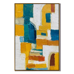 Abstract Geometric Oil Painting, Yellow and Blue Textured Wall Art for Living Room Decor#OA 0537