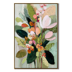 Pastel Floral Bouquet Oil Painting, Green Botanical Wall Art for Living Room Decor#OA 0511