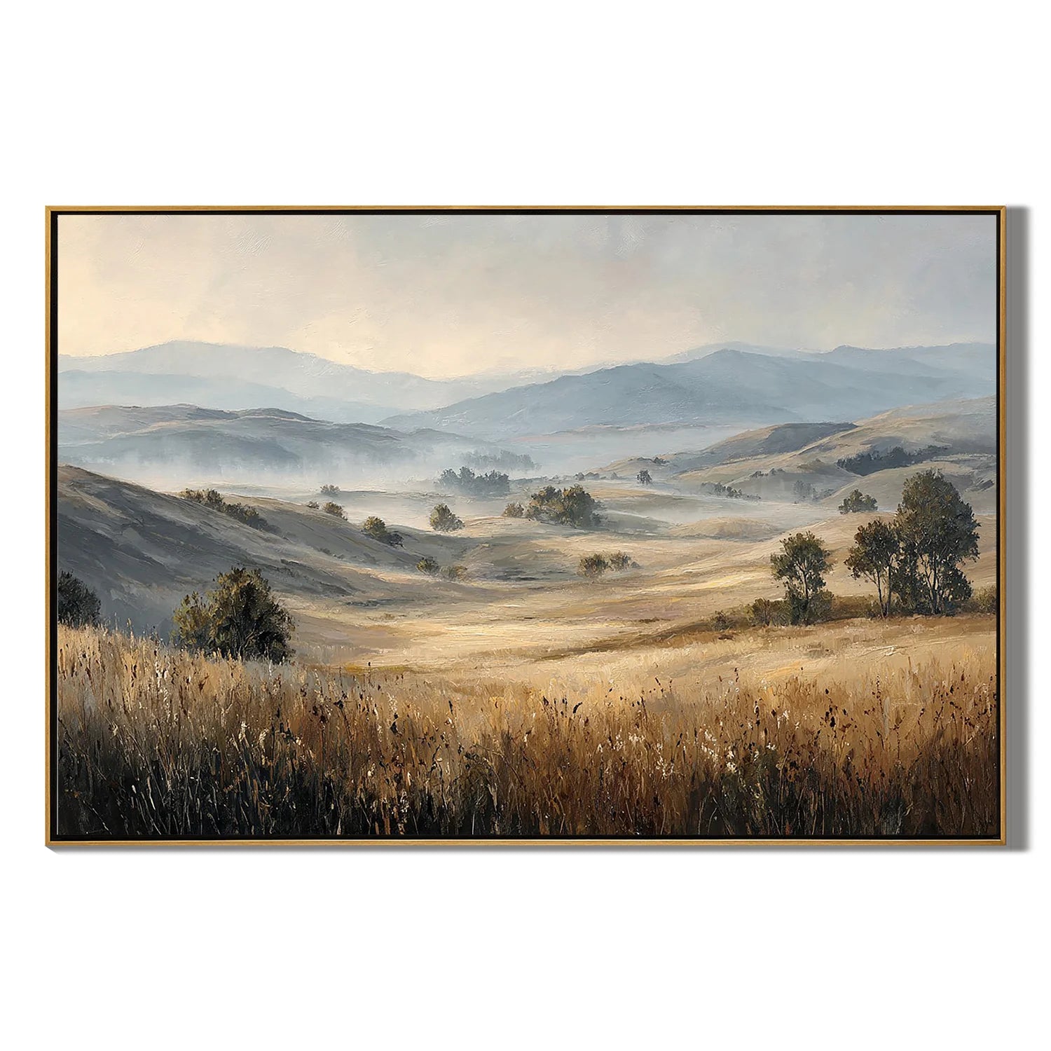 Misty Golden Meadow Landscape Painting – Neutral Countryside Wall Art#OA 0897