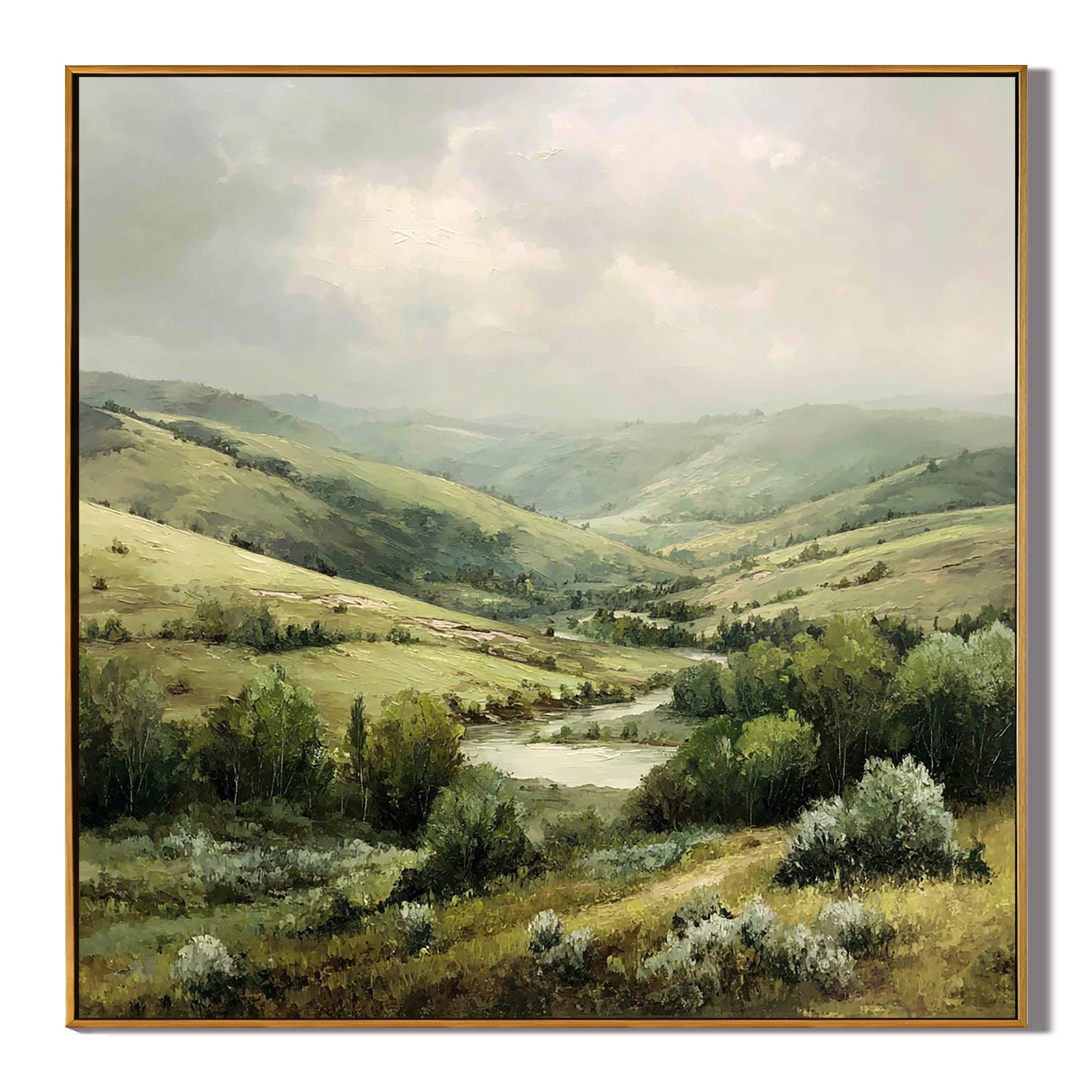 Serene Valley Landscape Canvas Wall Art – Rolling Hills River Nature Painting for Living Room Decor#OA 0868