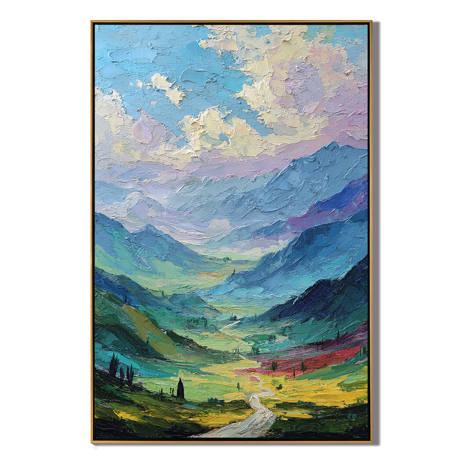 Colorful Mountain Landscape Oil Painting – Textured Valley Canvas Wall Art for Living Room Decor#OA 0883