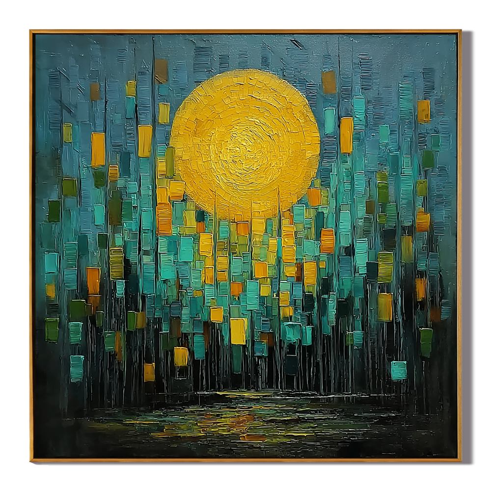 Abstract Golden Moon Oil Painting | Modern Teal & Gold Textured Wall Art for Living Room Decor #OA 0432