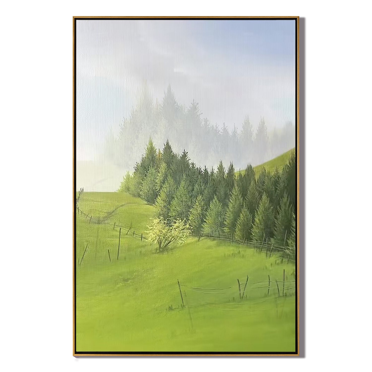 Misty Green Countryside Wall Art, Serene Pine Forest and Rolling Hills Landscape Canvas Painting for Living Room Decor #OA 0793