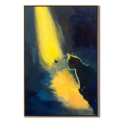 Black Cat Oil Painting, Butterfly and Light Wall Art for Bedroom Decor #OA 0619