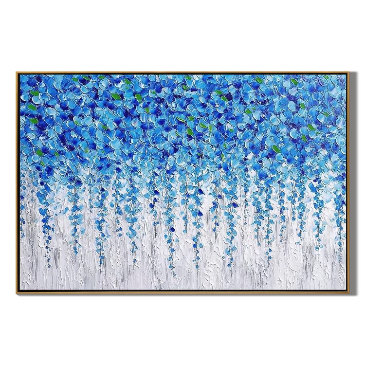 Blue Floral Abstract Wall Art, Textured Flower Cascade Canvas Painting for Living Room Décor #OA 0402