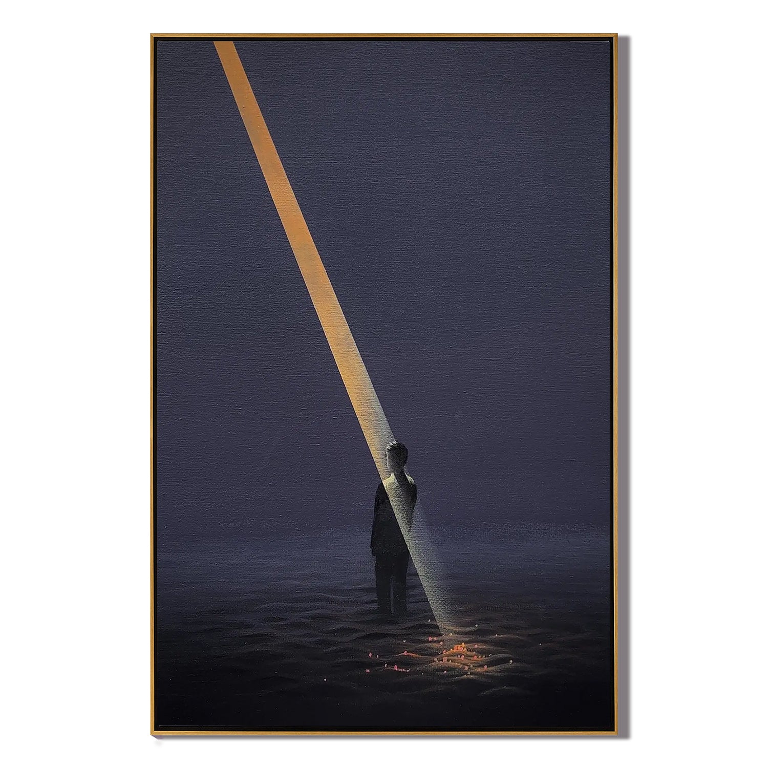 Surreal Beam of Light Wall Art, Solitary Figure in Dark Minimalist Landscape Canvas for Living Room Decor #OA 0739