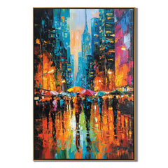 Colorful Rainy City Street Oil Painting, Abstract Urban Wall Art for Living Room Decor#OA 0528