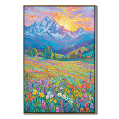 Colorful Wildflower Mountain Oil Painting, Textured Alpine Landscape Wall Art for Living Room Decor#OA 0542