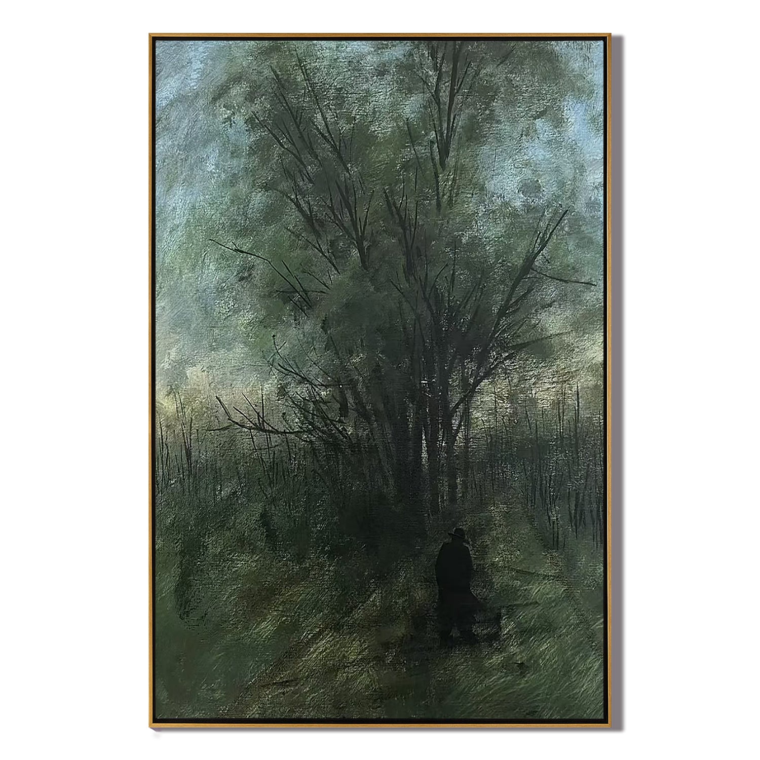 Moody Forest Wall Art with Lone Figure, Misty Woodland Landscape Canvas Painting for Living Room Decor #OA 0776
