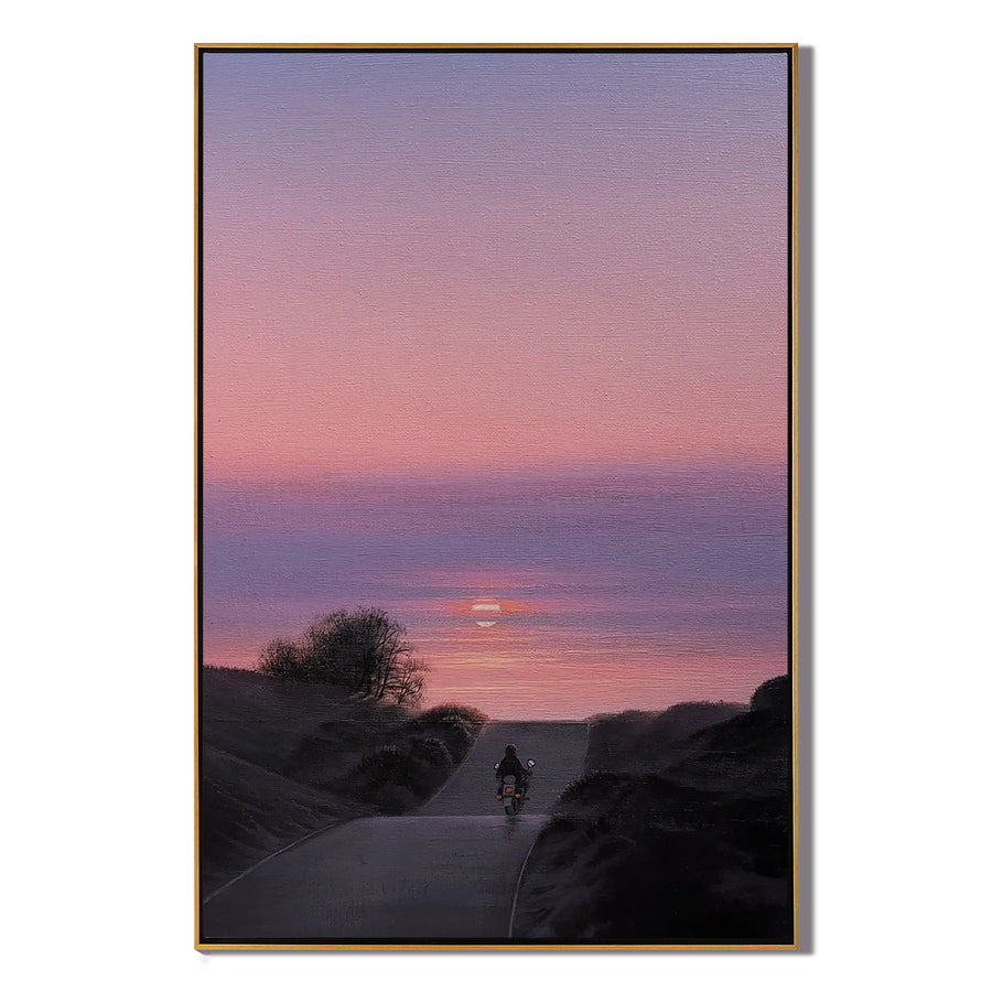 Sunset Motorcycle Road Wall Art, Romantic Pink and Purple Sky Landscape Canvas for Living Room Decor #OA 0741