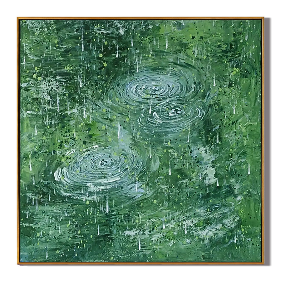 Green Rain Ripple Oil Painting, Abstract Water Wall Art for Living Room Decor#OA 0613