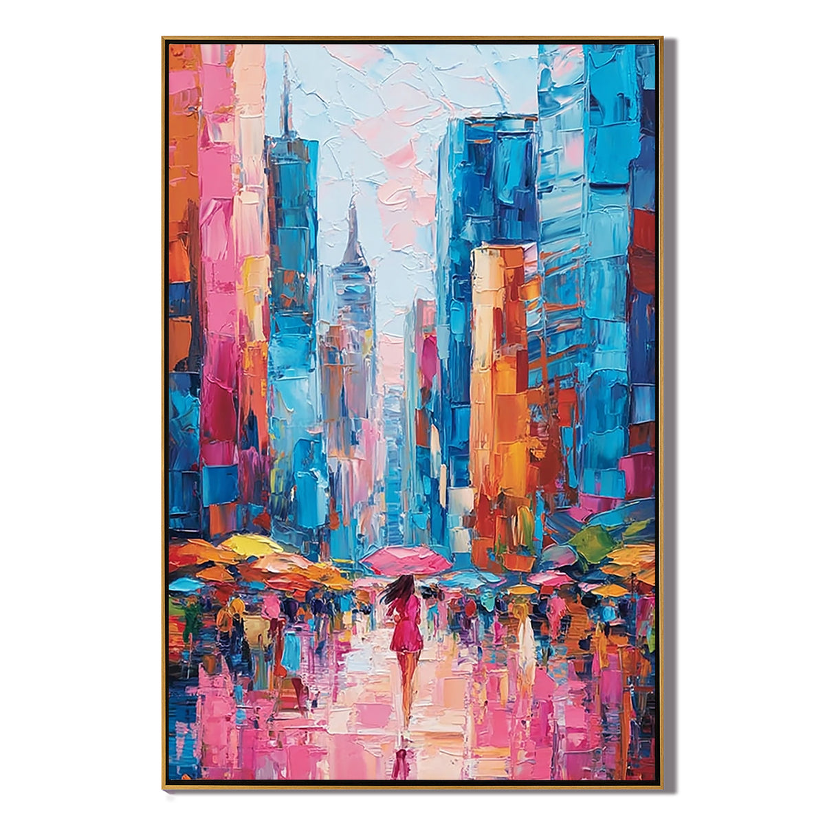 Colorful Abstract Cityscape Oil Painting, Pink and Blue Urban Wall Art for Living Room Decor#OA 0524