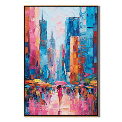 Colorful Abstract Cityscape Oil Painting, Pink and Blue Urban Wall Art for Living Room Decor#OA 0524