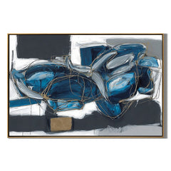 Blue Abstract Wall Art, Modern Black White and Gold Line Canvas Painting for Living Room Décor #OA 0418