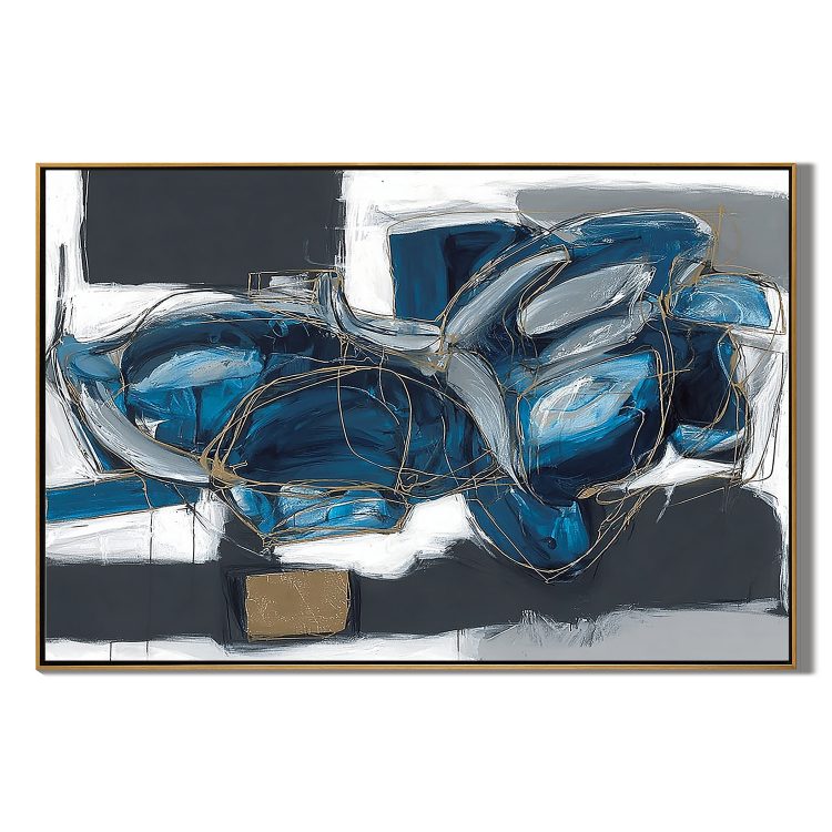 Blue Abstract Wall Art, Modern Black White and Gold Line Canvas Painting for Living Room Décor #OA 0418
