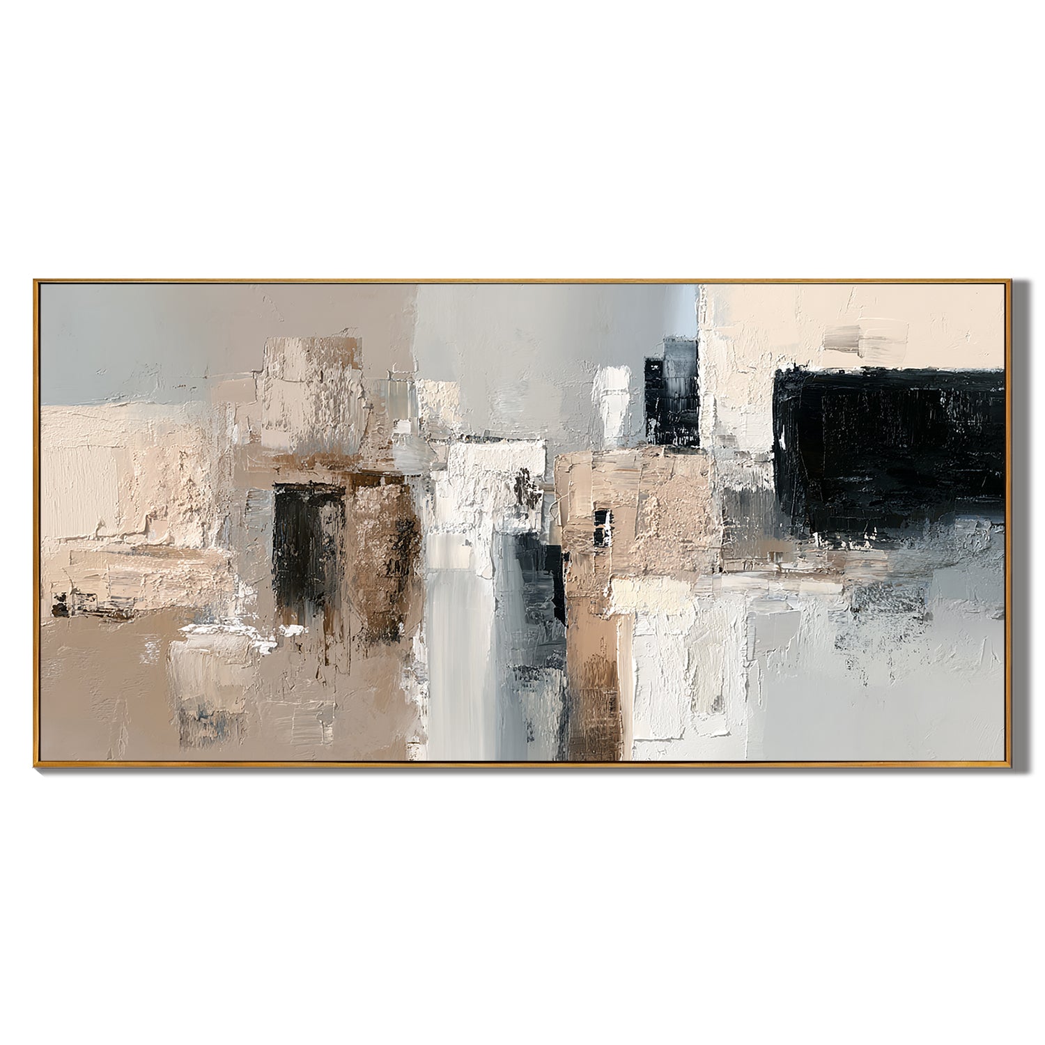Large Neutral Abstract Canvas Wall Art – Modern Textured Black White Beige Painting for Living Room Decor#OA 0874
