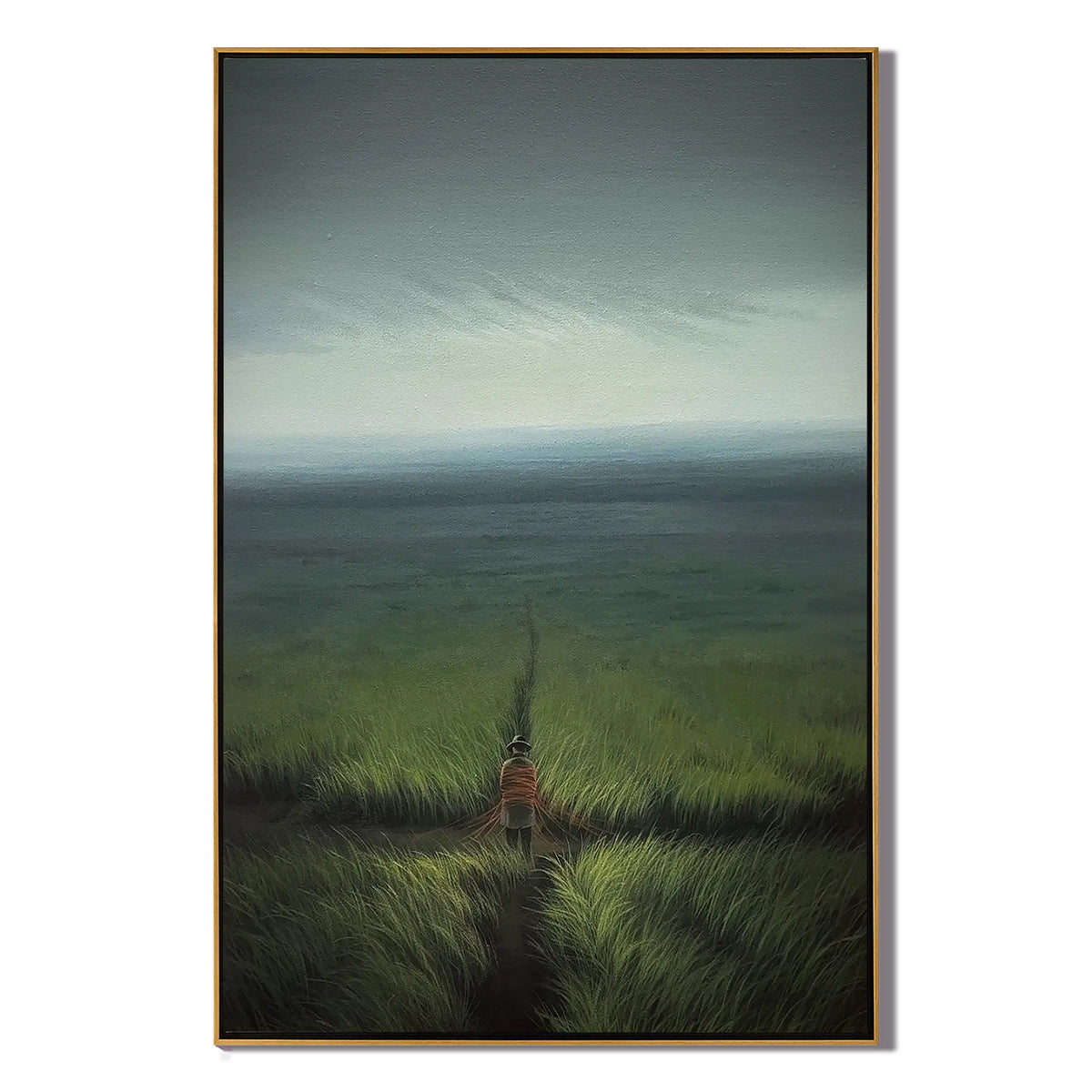 Solitary Figure Walking Through Coastal Grassland Wall Art, Serene Ocean Landscape Canvas Painting for Living Room Decor #OA 0737