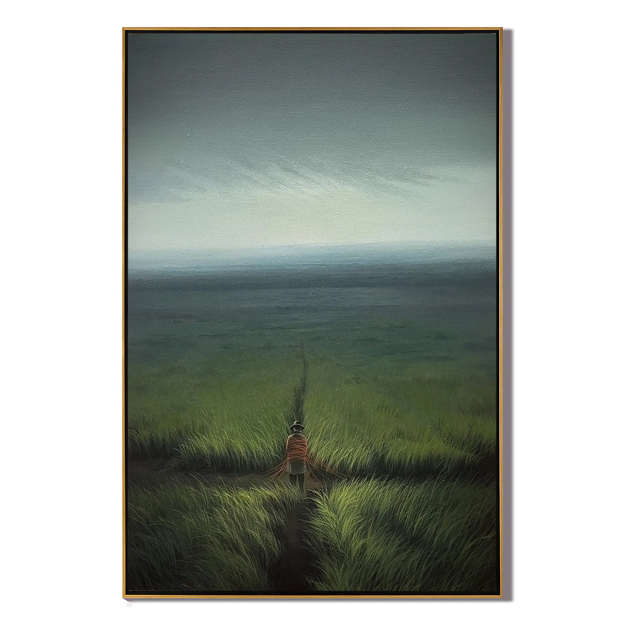 Solitary Figure Walking Through Coastal Grassland Wall Art, Serene Ocean Landscape Canvas Painting for Living Room Decor #OA 0737