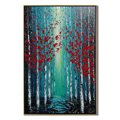 Red Leaf Forest Oil Painting, Blue Woodland Landscape Wall Art for Living Room Decor #OA 0578