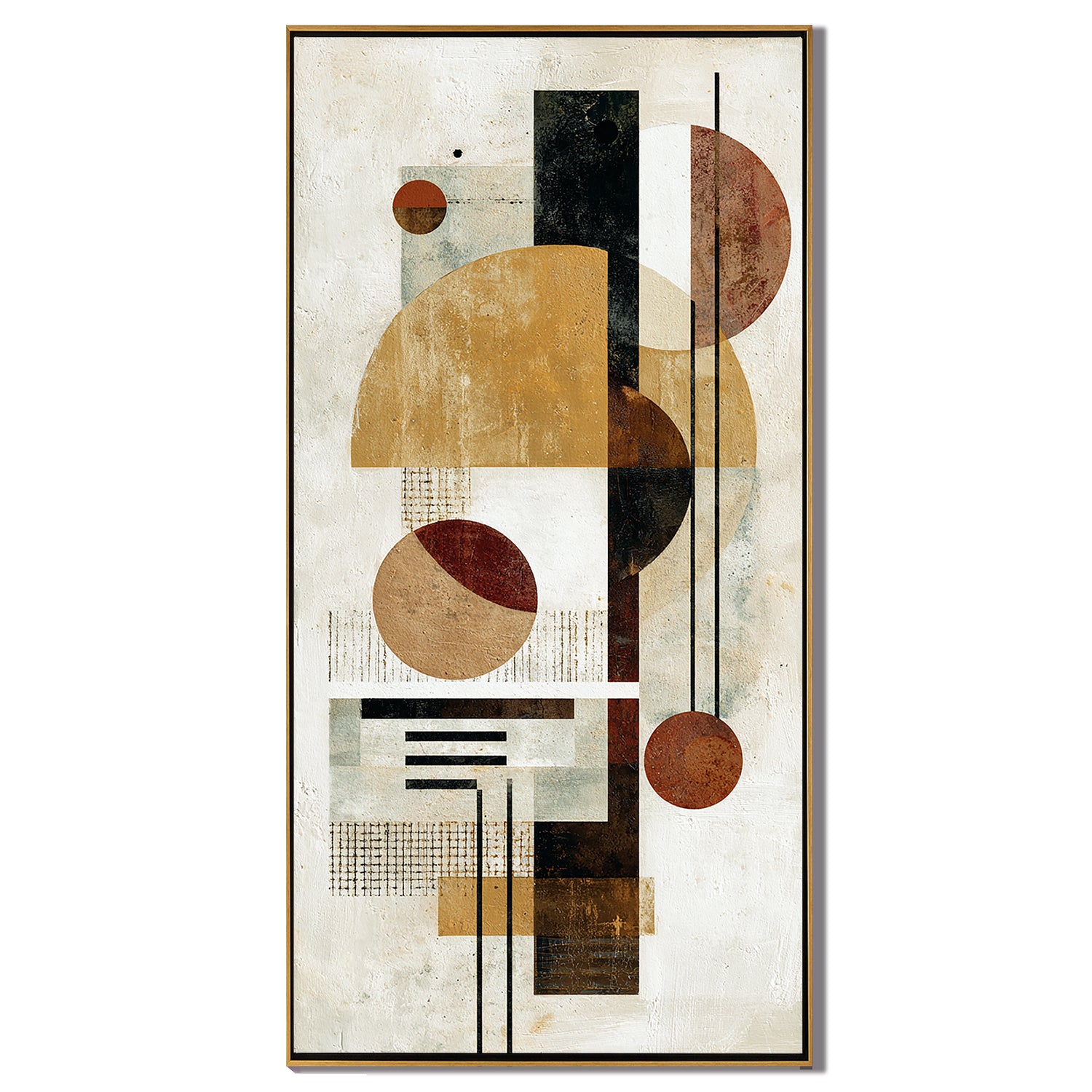 Mid Century Modern Geometric Abstract Canvas Wall Art – Neutral Beige and Rust Vertical Bauhaus Style Painting for Living Room Decor#OA 0863