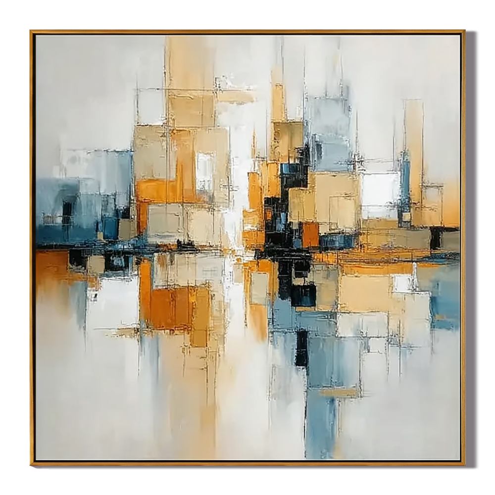 Modern Geometric Abstract Wall Art, Gold and Blue Cityscape Canvas Painting for Living Room Décor #OA 0405