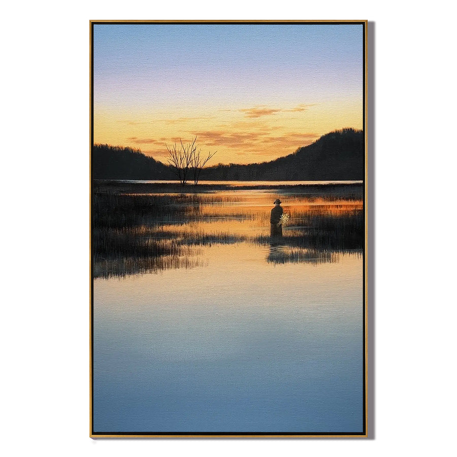 Serene Sunset Lake Wall Art with Solitary Figure, Peaceful Reflection Landscape Canvas for Living Room Decor #OA 0750
