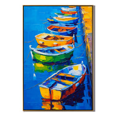 Colorful Boat Oil Painting, Blue Harbor Coastal Wall Art for Living Room Decor#OA 0574