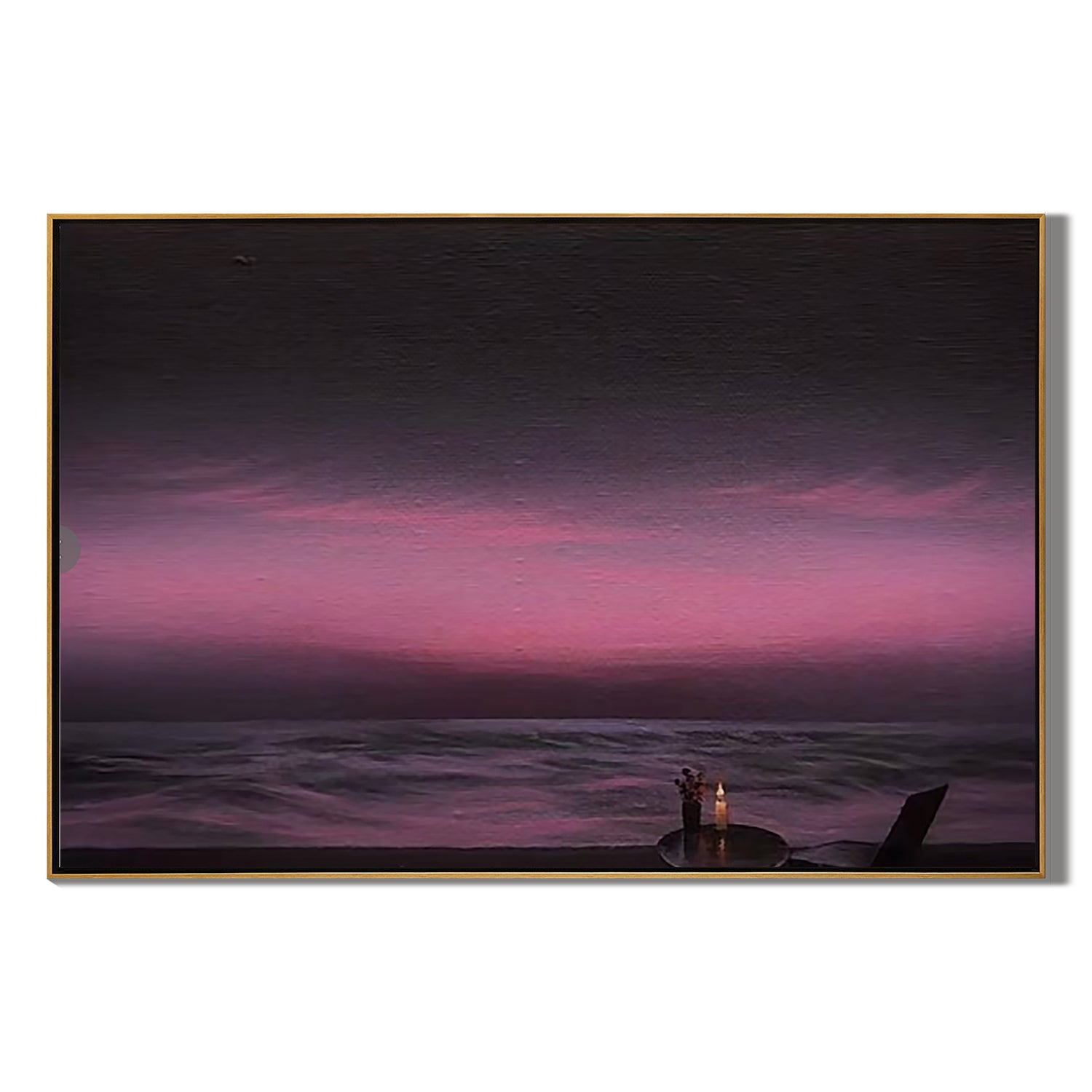 Romantic Purple Sunset Seascape Wall Art, Candlelit Ocean View Canvas Painting for Living Room Decor #OA 0732