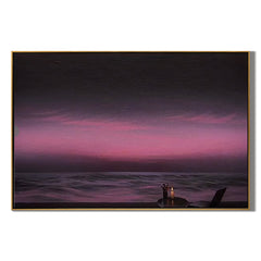 Romantic Purple Sunset Seascape Wall Art, Candlelit Ocean View Canvas Painting for Living Room Decor #OA 0732