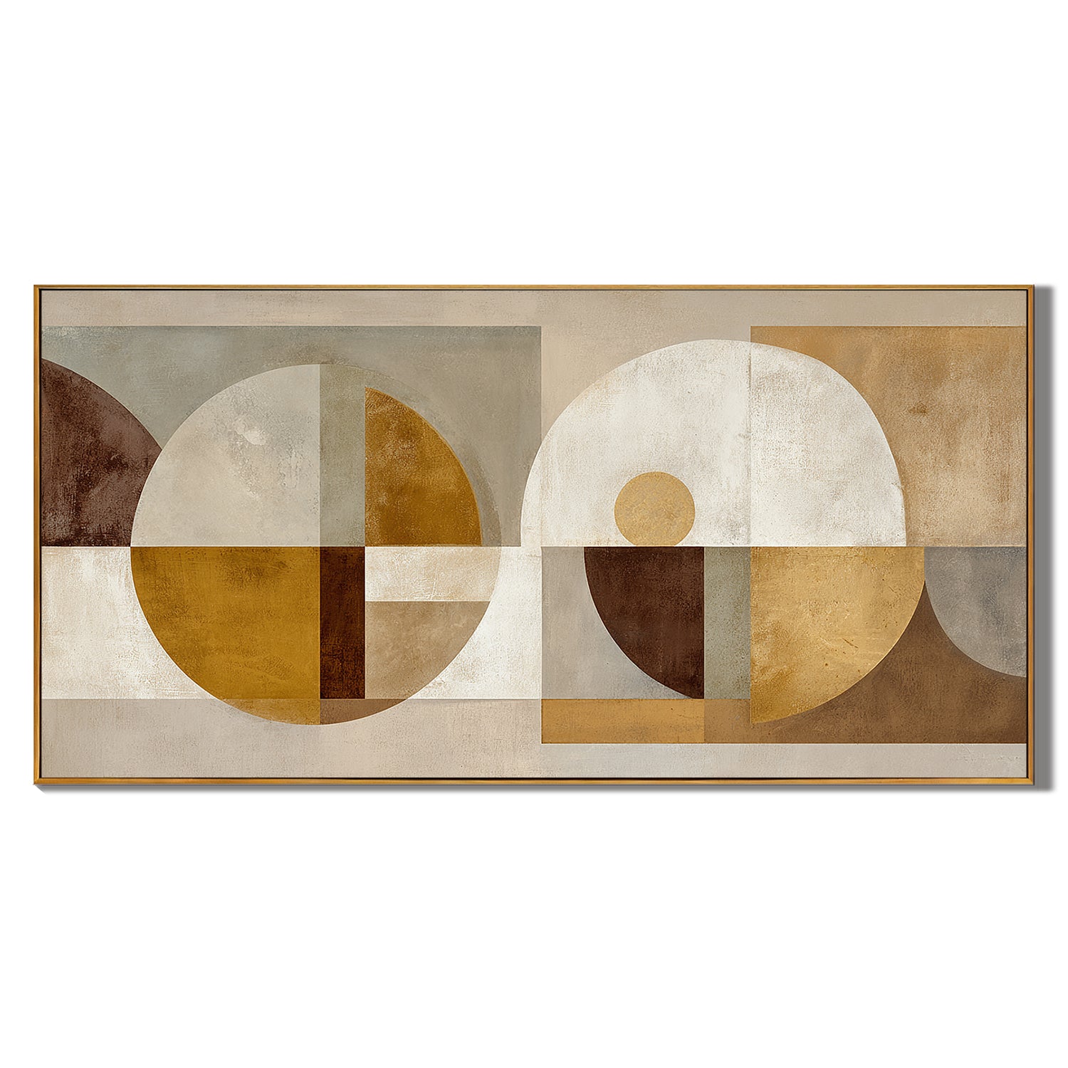 Modern Geometric Abstract Canvas Wall Art – Neutral Beige and Gold Mid Century Large Horizontal Painting for Living Room Decor#OA 0861