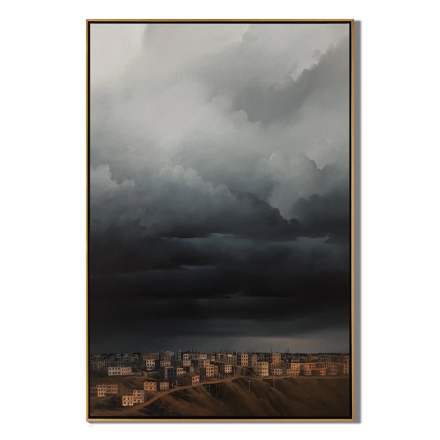 Dramatic Storm Clouds Over City Wall Art, Moody Urban Landscape Canvas Painting for Living Room Decor #OA 0760